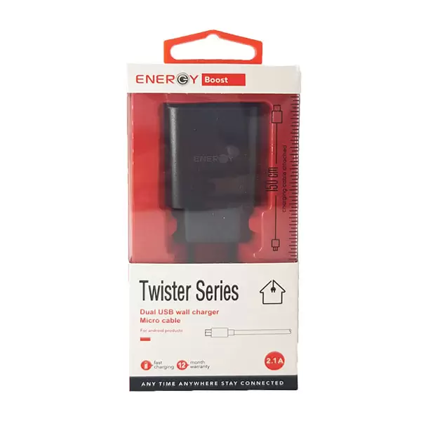 מתאם אנדרואיד ENERGY TWISTER HOME CHARGER MICRO CABLE 2.4A 1.5M DUAL HEAD שחור