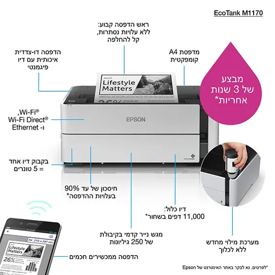 מדפסת ‏הזרקת דיוEpson EcoTank M1170 ‎ תמונה 4