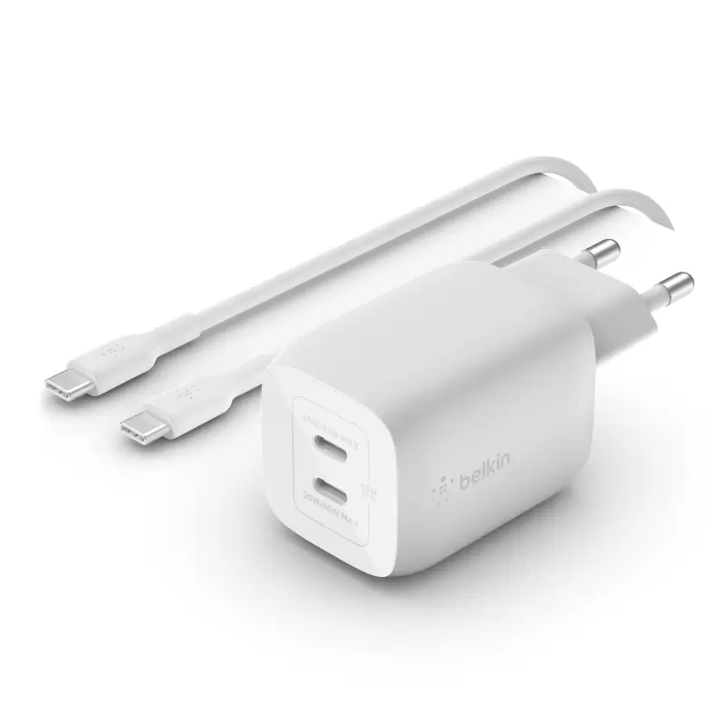 מטען קיר כפול עם כבל USB-C ל-USB-C PD GaN 68W