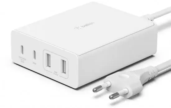 מטען קיר מהיר עם 2 יציאות USB-C ו-2 USB-A בהספק Belkin 108W צבע לבן