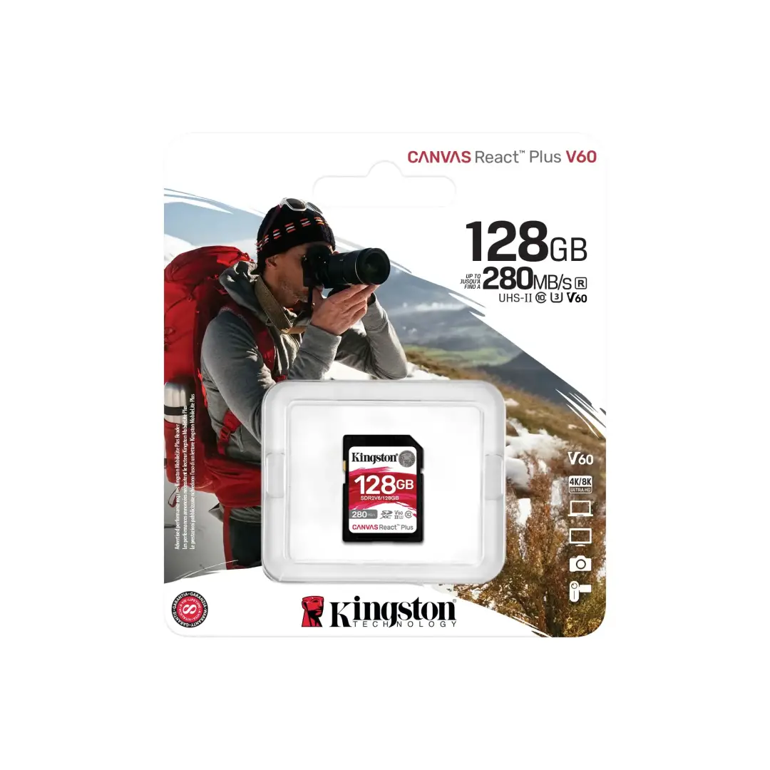 Kingston 128GB Canvas React Plus SDXC UHS-II 280R 100W U3 V60 FHD 4K תמונה 3